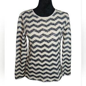 J.Crew Sequin Cream & Black Chevron Print Top Size S